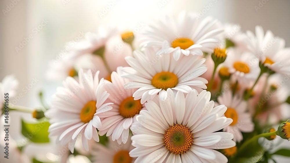 Fototapeta premium Fresh daisy bouquet bathed in soft sunlight, showcasing delicate pastel petals.