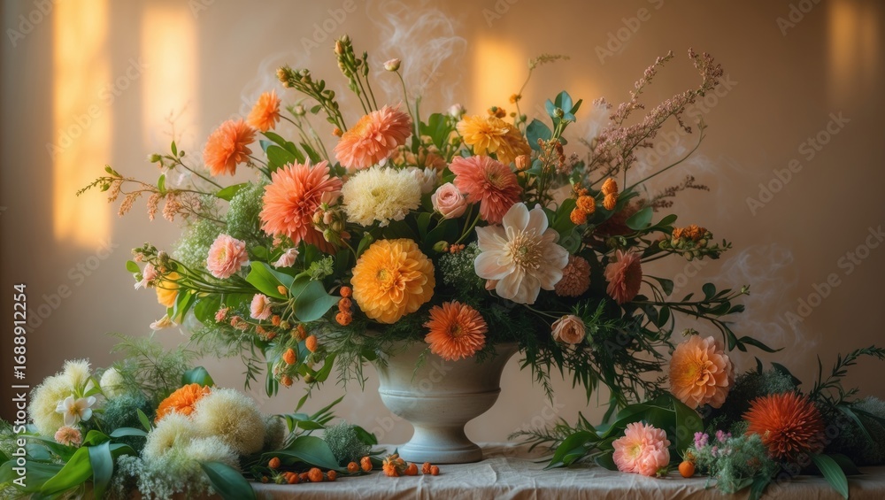 Fototapeta premium Colorful flower arrangement in a white vase with flowers, greenery, and a soft background.