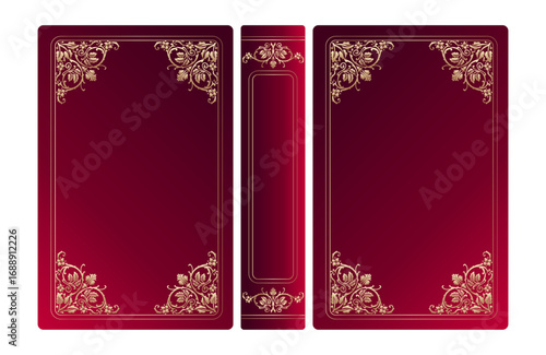 Vintage book cover design rectangle gold frames red gradient vector golden floral ornaments royal frame art deco old fashioned luxury style with spine template copy space for text realistic background