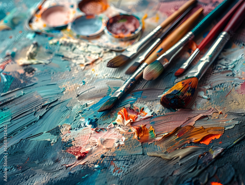 Obraz premium Vibrant Abstract Painting in Studio with Brushes, Canvas, and Color Palette