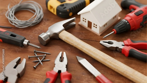 Assorted hand tools and a model house on a wooden surface, suggesting home repair or construction activities.