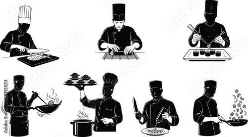 Black and white chef illustration, professional kitchen cooking, sushi preparation, stir fry, culinary art, restaurant food preparation, gourmet cuisine, vector drawing