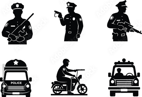 Police officer silhouette icons, law enforcement symbols, patrol vehicles, motorcycle, police van, handgun, rifle, security, crime prevention, public safety, emergency response