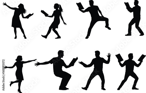 Silhouette people reading books in dynamic poses, expressive movement, literature lovers, dramatic storytelling, education concept,