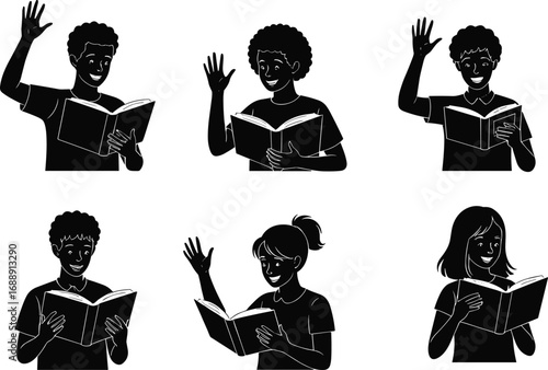 Silhouette people reading books, raising hands, education concept, classroom learning, knowledge sharing, diverse students, study group, academic discussion,