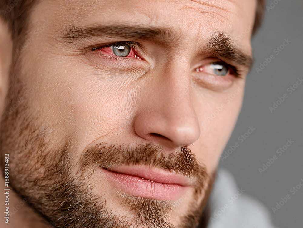 Fototapeta premium Close-up portrait of a thoughtful man with a well-groomed beard and striking blue eyes, showcasing a contemplative expression against a neutral background
