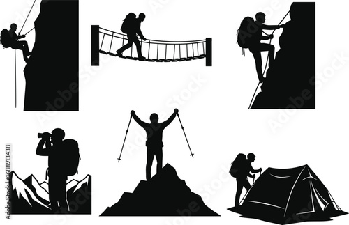 Outdoor adventure silhouette, hiking, trekking, camping, mountaineering, rock climbing, rappelling, suspension bridge crossing, mountain peak victory, wilderness exploration,