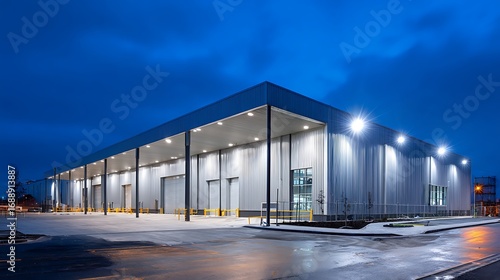 Metal plate cladding steel-framed warehouse illuminated bright lights inside dusk panoramic exterior view
