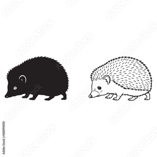 Compact Hedgehog Silhouette & Hedgehog Lineart – Hedgehog Vector Style Emphasizing Neat Wildlife Form – Black Vector of Hedgehog – Vector Set of Hedgehog