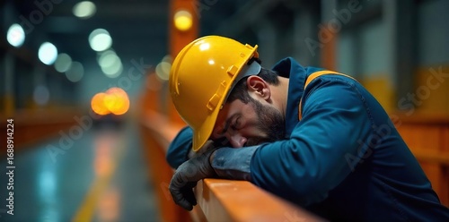 Exhausted worker slumped over safety barrier, hard hat beside them, reflecting fatigue and workplace safety concerns , work, safety regulations, factory