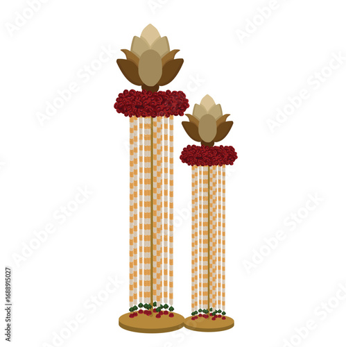 Antique gold royal floral stand with lotus, roses and marigold border hangings for Indian wedding decor, haldi stage setup, sangeet ceremony

