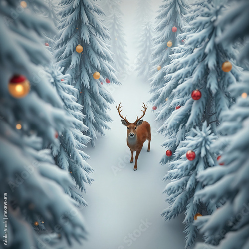 크리스마스 날 눈 내린 숲 속 풍경