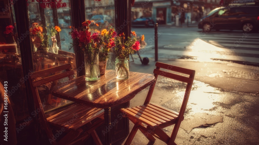 Fototapeta premium Empty Wooden Table with Flower Vases Inside Coffee Shop During Sunset