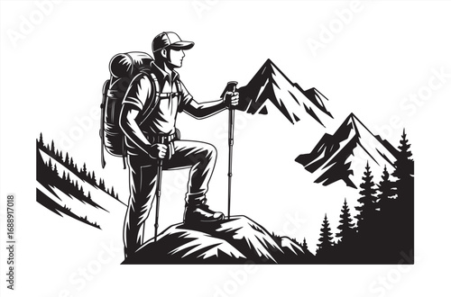 Vector silhouette of hiker climbing steep mountain slope with trekking poles and backpack, black and white outdoor adventure concept for t-shirt print, logo, travel design, or poster art