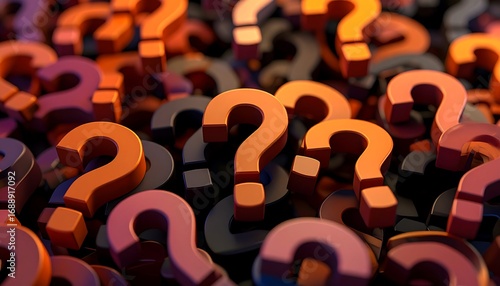 A dense collection of question marks in various shades of orange, brown, and gray