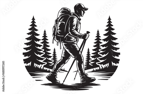 Vector silhouette of hiker climbing steep mountain slope with trekking poles and backpack, black and white outdoor adventure concept for t-shirt print, logo, travel design, or poster art