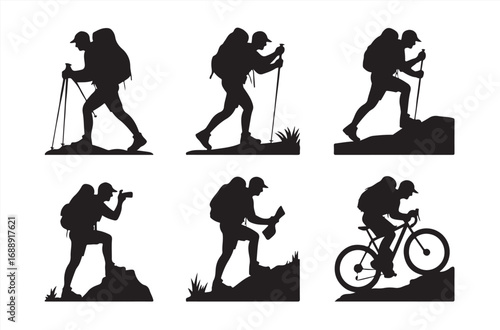 Vector silhouette of hiker climbing steep mountain slope with trekking poles and backpack, black and white outdoor adventure concept for t-shirt print, logo, travel design, or poster art
