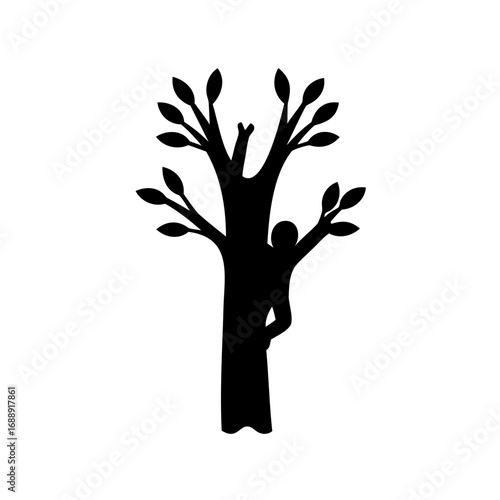 Black Silhouette of a Person Climbing a Tree with Leaves on Branches