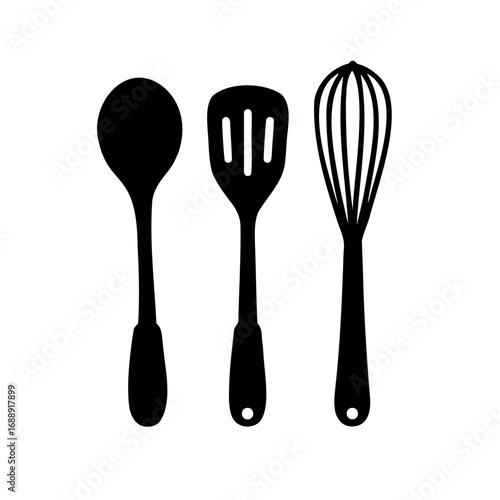 Elegant monochrome kitchen tools for cooking and baking food preparation purposes