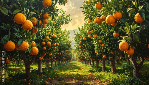 Lush orange grove at sunrise