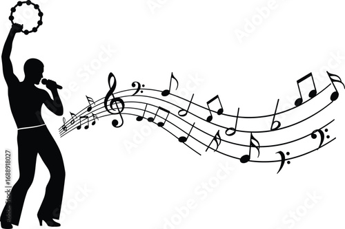 Silhouette of male singer holding tambourine and microphone, musical notes flowing, lively performance, dance, rhythm, music passion vector illustration.