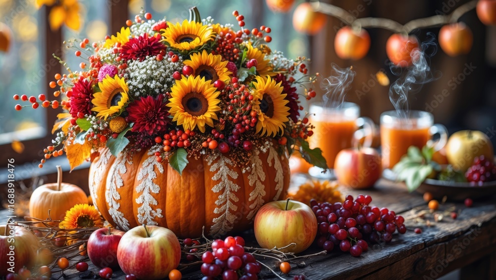 Fototapeta premium A vibrant flower arrangement with sunflowers in a carved pumpkin, surrounded by apples, grapes, and autumn decorations on a rustic table.