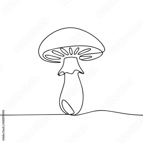 Continuous line of mushroom.Single one line art of mushroom, One continuous line illustration of an mushroom isolated on white background.