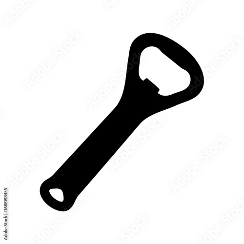 Simple black silhouette of a bottle opener on a stark white background