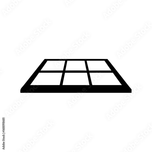 Isometric view of a nine pane window with a black frame outline
