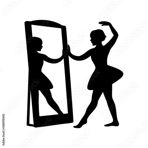 Elegant ballerina practices ballet poses in front of the mirror silhouette