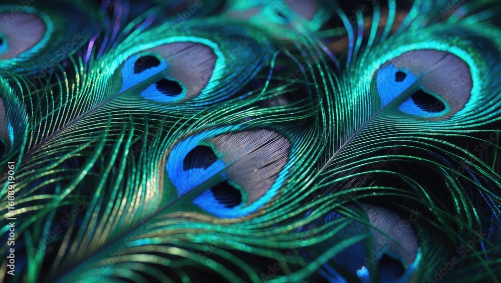 Obraz premium Vibrant peacock feathers with iridescent blue and green hues and eye-like patterns.