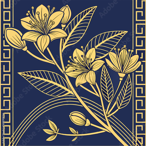 Floral Art Nouveau Design with Geometric Borders Intricate Flower Arrangements and Decorative Details A Rich Contrast