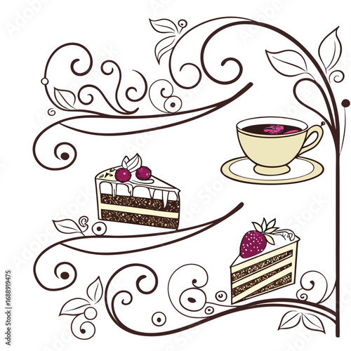 Delightful Dessert Display Featuring Tea and Cake Arranged in a Whimsical Floral and Scrollwork Design Vignette