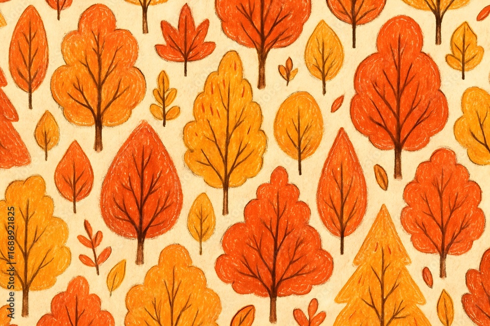 Obraz premium Playful hand drawn autumn forest seamless pattern with whimsical doodle trees in red orange and yellow foliage