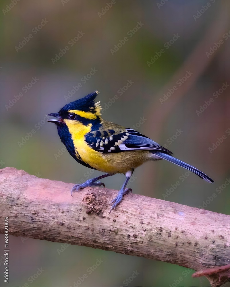 Obraz premium mall Vibrant Black and Yellow Bird Perched on a Tree Branch.