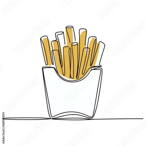 Continuous line of french fries .Single one line art of french fries , One continuous line illustration of an french fries isolated on white background.