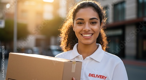Fototapeta Naklejka Na Ścianę i Meble -  Smiling delivery woman holding a package in front of a blurred city background