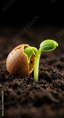 Sprout emerging from cracked seed in dark soil