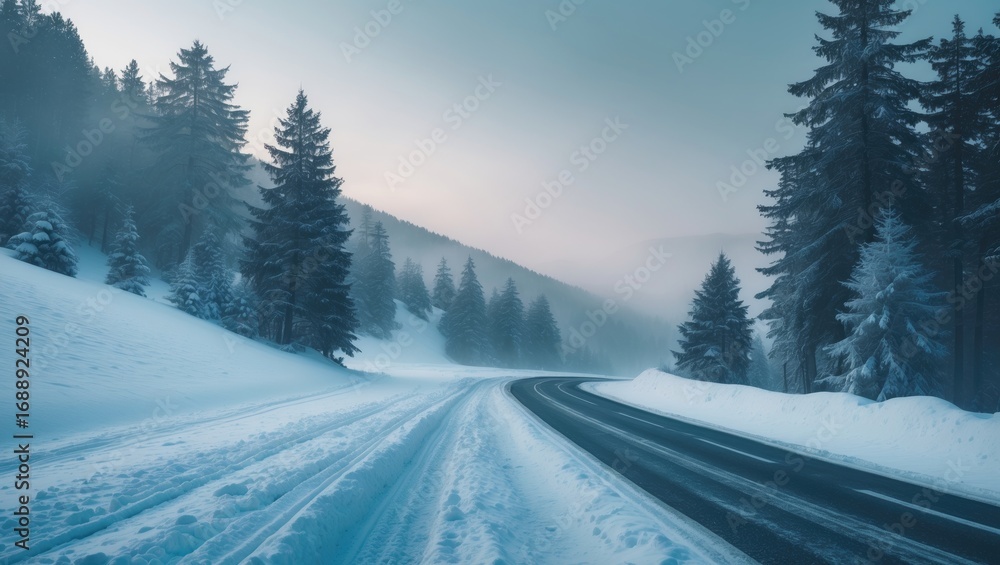 Fototapeta premium Snowy road through pine trees in winter with a foggy mountain backdrop. Cold weather and nature scene. Travel and winter landscape. The scene captures winter weather and forest scenery.
