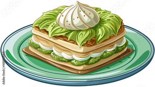 Millefoglie al pistacchio layers puff pastry with rich pistachio cream, dusted with sugar. On a sleek plate, isolated background highlights Sicilian elegance, indulgence, and Italy’s love for vibrant 