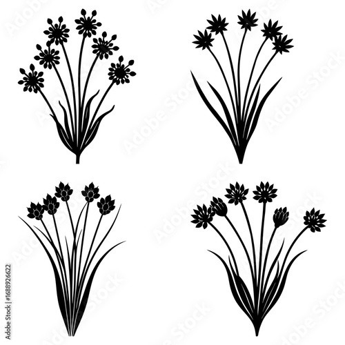 Black and white floral arrangements featuring various flower and leaf compositions in a graphic style