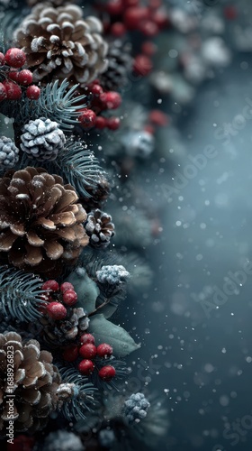 Wallpaper Mural Winter decorations with pinecones, berries, and snowflakes in a serene, snowy environment during the holiday season Torontodigital.ca