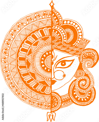 Hindu Goddess Durga Face orange color. Transparent background png file. Happy Navratri or Durga Puja.	