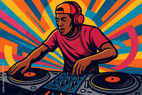 Vibrant vector illustration of DJ mixing music on turntables with headphones. Colorful abstract rays in the background create party energy.
