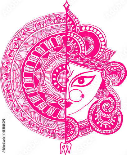 Graphic image of handmade painting of Hindu Goddess Durga. Transparent background png file Pink color. Happy Navratri or Durga Puja.	