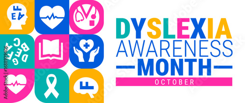 Dyslexia Awareness Month Geometric shape pattern background, banner, card or poster design template is observed every year during October, to raise awareness about the mission. Vector illustration.