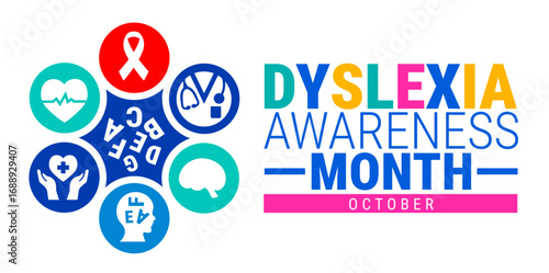 Dyslexia Awareness Month background, banner, card or poster design template is observed every year during October, to raise awareness about the mission. Vector illustration.