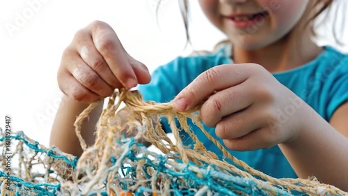 A young child carrying a string shopping bag, perfect for everyday scenes or illustrations