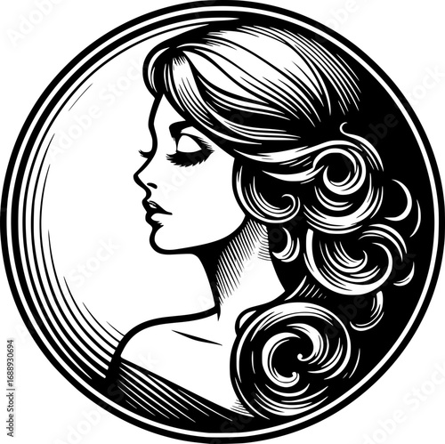 Minimalist black and white vector icon of a vintage woman’s side face, clean lines, modern yet classic, scalable, ideal for logos or stickers.