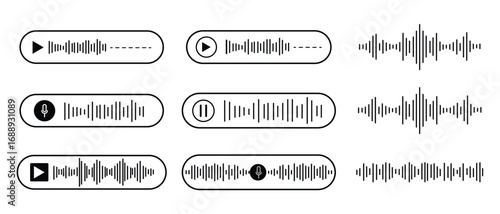 Voice message icon, Audio messaging, Sound wave icon. Music symbol. Microphone sound wave, voice chat icon. Vector illustration.